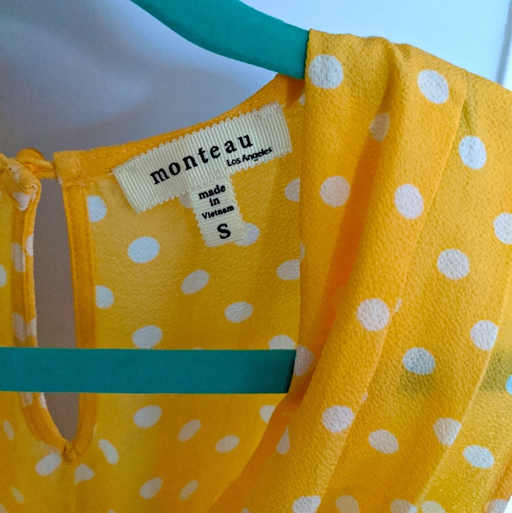MONTEAU - Yellow Polka Dot Wrap-Style Mini Dress – Size S - Picture 5 of 7